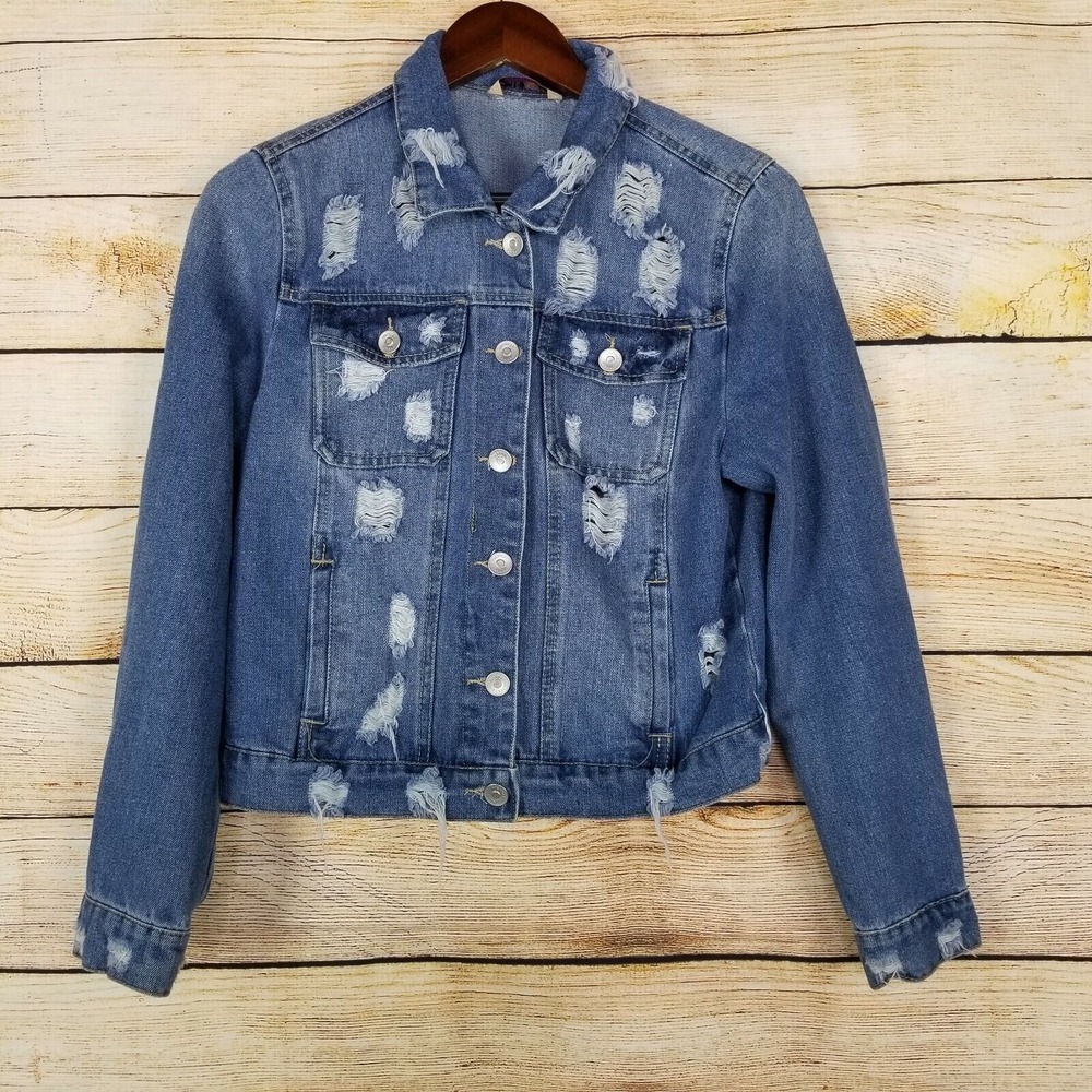 Highway Jeans Womens Denim Jacket M Blue Destroyed Distressed Short Crop Trucker